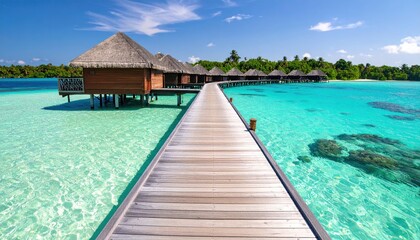 Scenic view of wooden overwater bungalows on a tropical island with clear turquoise waters