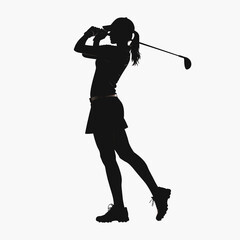 A silhouette of a female golfer gracefully swings a club