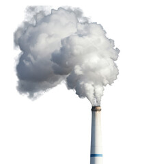Industrial chimney emitting thick white smoke and steam into the atmosphere against a dark backdrop isolated on transparent background