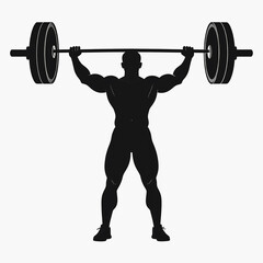 A silhouette of a determined weightlifter,    strength, lifting a barbell overhead.