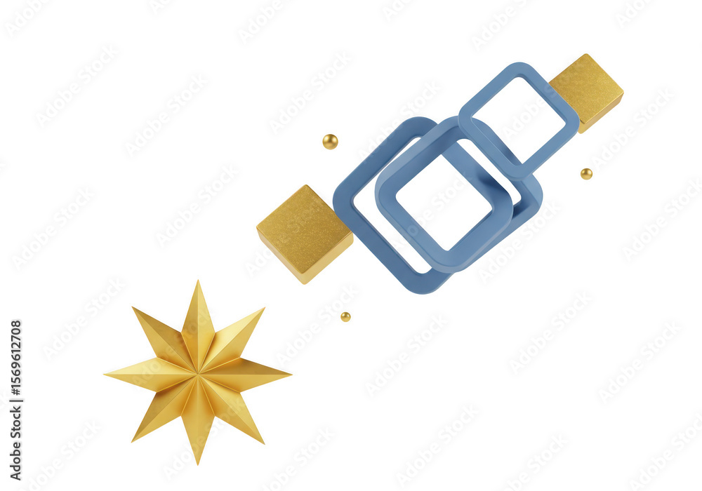Fototapete golden starburst and blue rounded squares connected by golden spheres in a dynamic arrangement isola