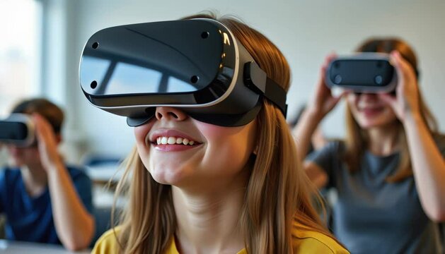 schoolgirl in vr headset &mdash; школьница в виртуальной гарнитуре
