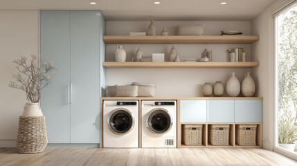 Laundry Room Serenity: A serene and functional laundry room design features a harmonious blend of light, texture, and organization, offering an inviting space for domestic tasks.