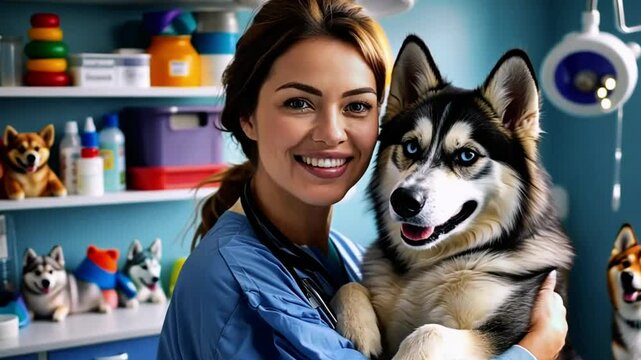 Cheerful female veterinarian embraces a happy husky in a bright clinic.