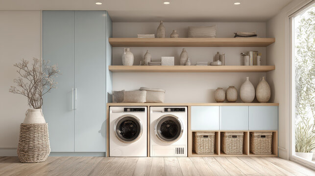 Laundry Room Serenity: A serene and functional laundry room design features a harmonious blend of light, texture, and organization, offering an inviting space for domestic tasks.