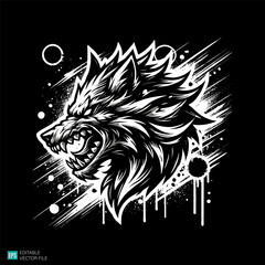 Wolf head with splash  illustration style vector black and white background templates