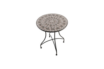 Round mosaic top side table with black metal legs isolated on transparent background