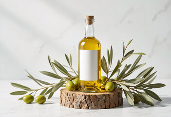 Premium Olive Oil Bottle with Blank Label on Rustic Wood Base and Fresh Green Olives Display