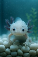 An axolotl swims in an aquarium with smooth pebbles. Marine life and biological diversity. Healing and restoration