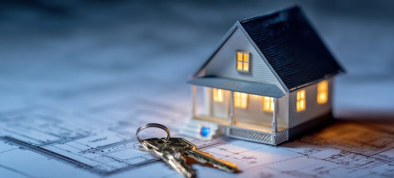 The cozy house model with keys over architectural blueprints and soft lighting