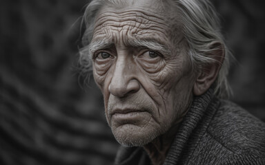Fototapeta premium An elderly man with deep wrinkles gazes with a somber expression