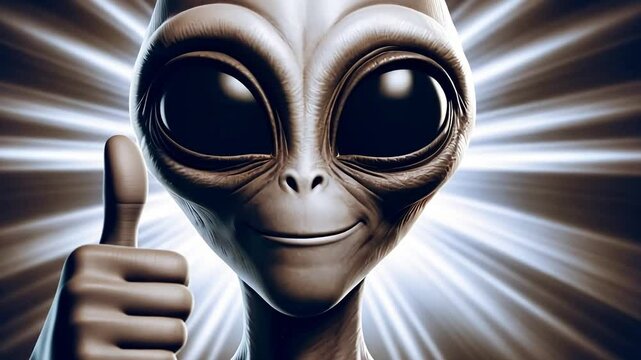 A smiling alien with large black eyes and gray skin gives a thumbs up. Bright light radiates from behind, creating a cosmic atmosphere.