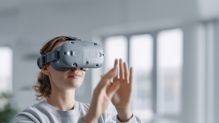 Man gaming with VR headset and motion controllers in modern space