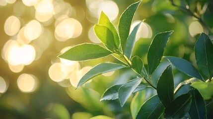 Obraz premium Lemon myrtle tea leaves soft natural light capturing calm nature filled atmosphere peaceful nature setting backdrop 50mm lens herbal tea scene