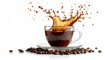 Coffee Splash Rising From A Transparent Glass Cup With Scattered Beans Against White Background