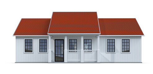 Front view of white small cottage with porch and amber roof. 3d illustration isolated on white