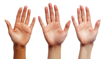 Isolated hands gesturing numbers, with fingers displaying counting signs on a white background