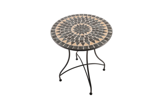 Round mosaic bistro table with intricate geometric pattern isolated on transparent background