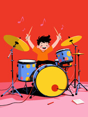 Fototapeta premium A young boy joyfully playing a colorful drum set in a flat 