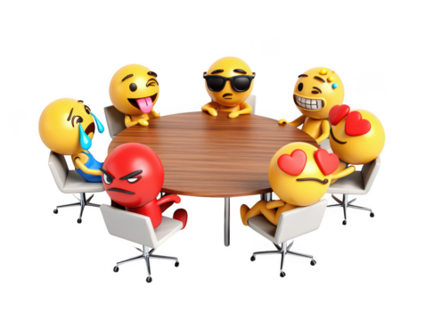 Diverse group of expressive emoji characters gathered around a wooden conference table in a meeting isolated on transparent background
