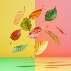 Fototapeta premium Spectrum of leaves scattering across a gradient rainbow backdrop, uplifting mood, 3D illustration