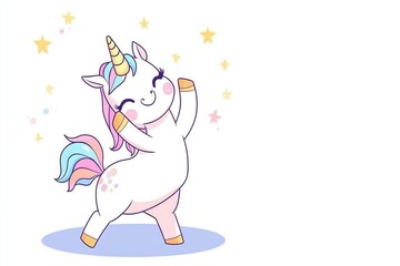 Cute cartoon unicorn dancing, simple lines, white background, pastel colors, simple design, stars decor, adorable and dreamy style, cute cartoon character illustration style, copy space