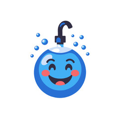 Obraz premium Smiling Water Drop Cartoon-Cute Blue Water Character with Faucet-Animated Hydration Icon-Fun Water Illustration-Playful Water Mascot-Refreshing Design