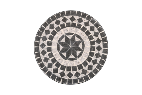 Circular mosaic tabletop with geometric star pattern isolated on transparent background