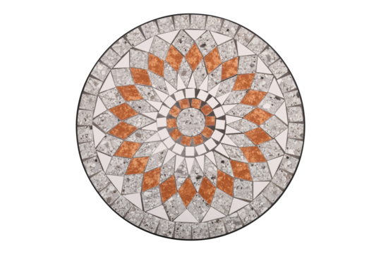 Circular mosaic tabletop with geometric pattern of stone and terracotta tiles isolated on transparent background