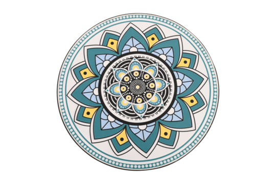 Colorful mandala design with teal blue yellow and light blue petals isolated on transparent background