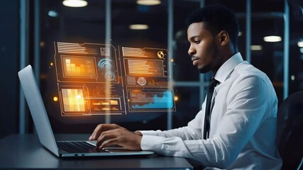 Man typing on laptop with glowing futuristic interface overlay in a modern office setting. Businessman analyzing financial data. Futuristic charts in office space - Powered by Adobe