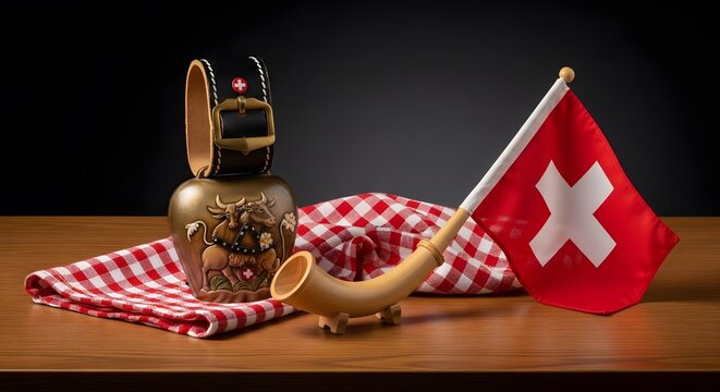 Traditional Swiss Still Life with Cowbell, Alphorn Model, and Swiss Flag on Wooden Table