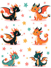 Seamless pattern Cartoon cute dragon set