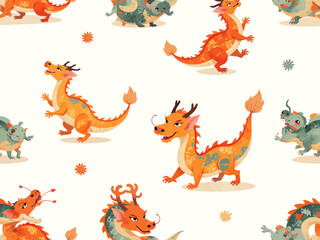 Seamless pattern Cartoon cute dragon set
