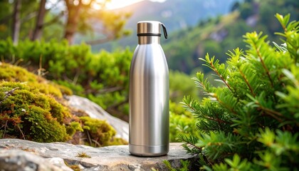 Stainless steel water bottle stands on rocky surface amidst lush greenery and mountains