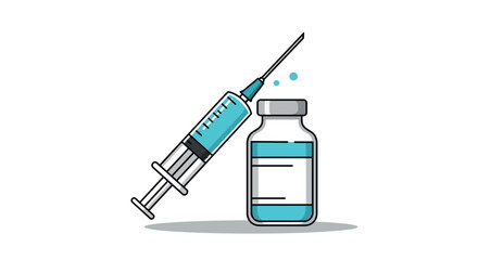 Medical syringe and vaccine vial in detailed linear design on white background