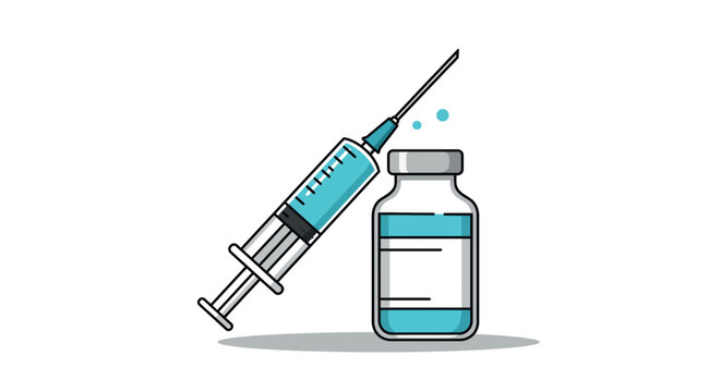 Medical syringe and vaccine vial in detailed linear design on white background - Powered by Adobe