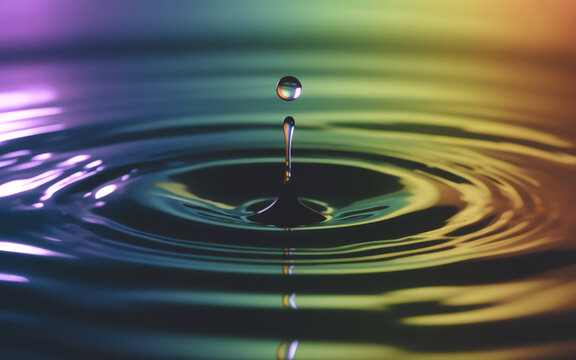 A single water drop creates colorful ripples on a reflective surface
