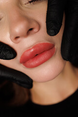 Permanent lip color application with soft contour and moisturized, irritation-free skin.