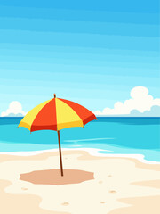 Tropical beach with colorful umbrella on white sandy shore 