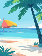 Obraz premium Tropical beach with colorful umbrella on white sandy shore 