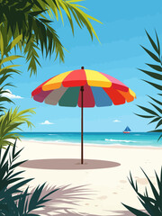 Tropical beach with colorful umbrella on white sandy shore 