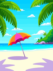 Obraz premium Tropical beach with colorful umbrella on white sandy shore 
