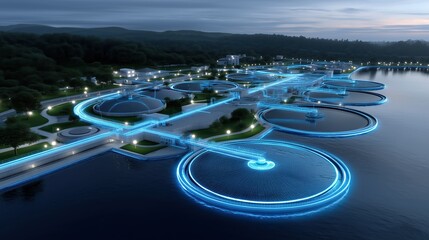 Futuristic Water Treatment Plant with Illuminated Pipes and Circular Tanks at Dusk