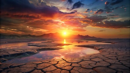 Sunset Landscape with Cracked Earth and Water Reflections
