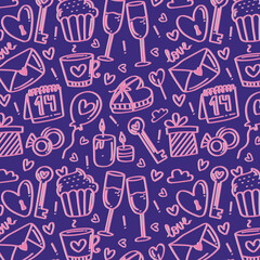 Party celebration repeating background. Vector seamless pattern with cute party design elements. Doodle holiday digital paper with line presents, cake, balloons