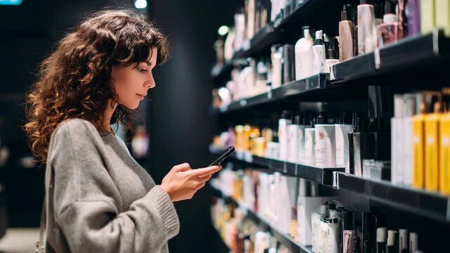 A woman with curly hair shops in a beauty store aisle, looking at products on shelves while holding her smartphone to compare items or check reviews. Woman selecting skincare products.