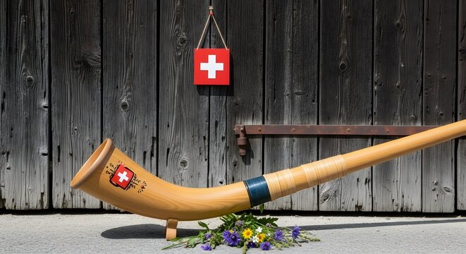 Traditional Wooden Alphorn Leaning Against Rustic Barn Wall with Swiss Flag and Wildflowers