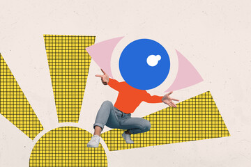 Zine banner sketch collage of anonym girl instead head avatar eyeball stare control esoteric...