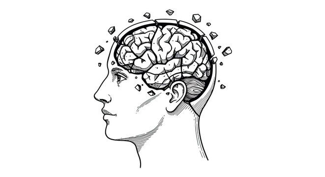 Exploding mind concept: hand-drawn human head with fragmented brain